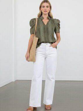THML Olive Green Puff Sleeve Blouse Boho Textured Top S NWT
